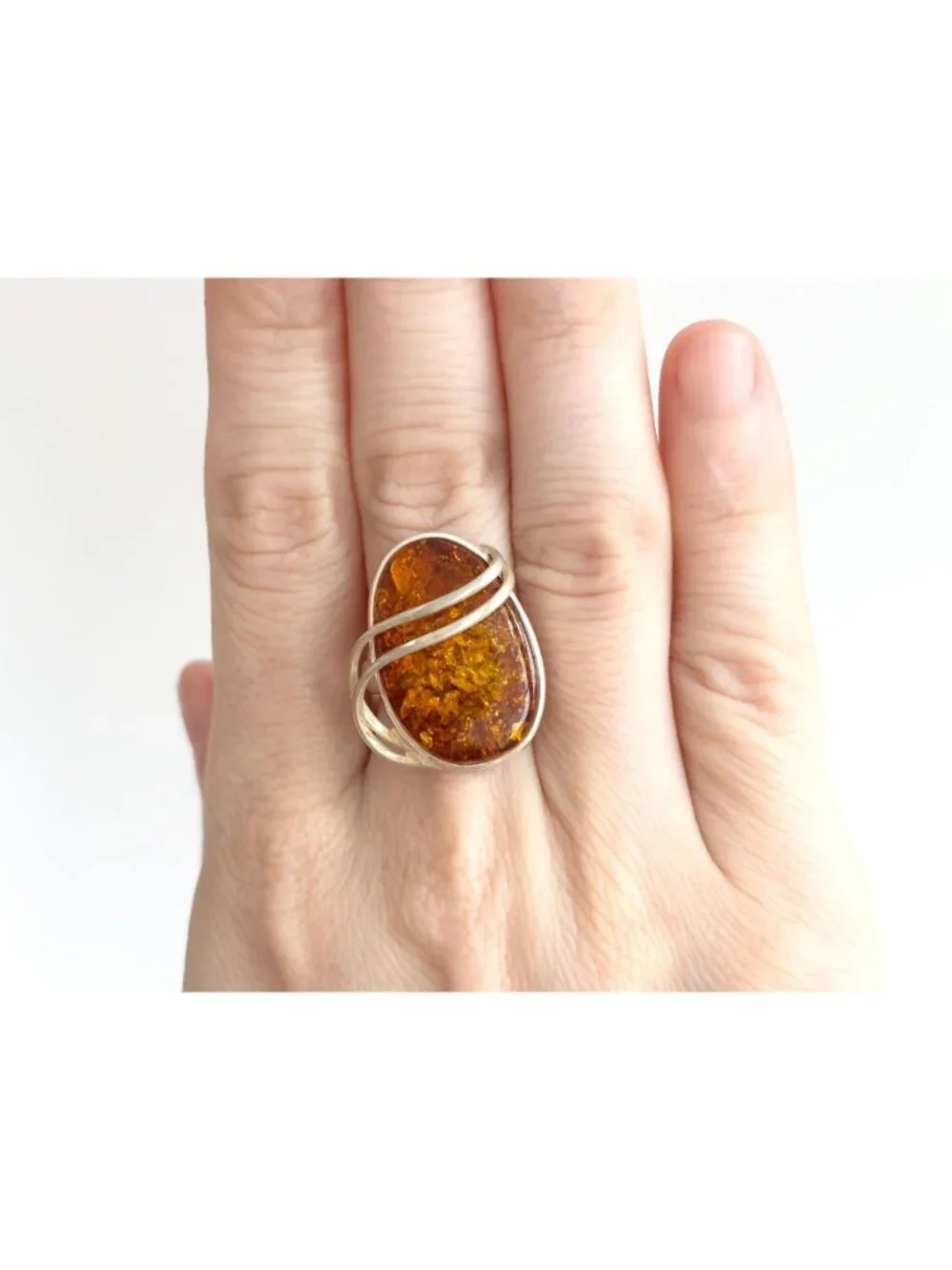 Modernist Genuine Baltic Amber Stone Sterling Silver 925 Vintage Ring - sz 7.5